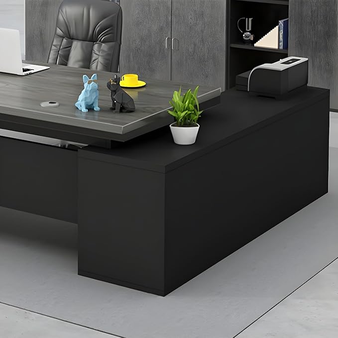 LITFAD Modern L-Shape Office Desk with Wood Base Executive Desks Boss Table Computer Desk Home Office Furniture with Drawers and Storage Shelves - 70.9" L x 31.5" W x 29.5" H Gray