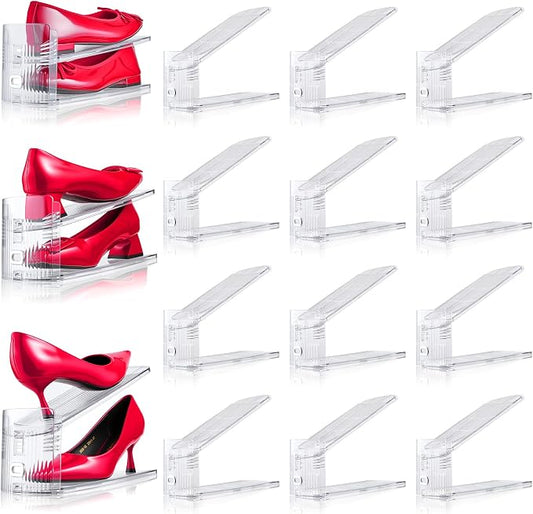 Adjustable Shoe Slots Organizer,12PACK Transparent Shoe Stackers Shoe Rack Holder Shoe Space Savers Double Layer Stack Shoe Racks for Closet Organization(Transparent)