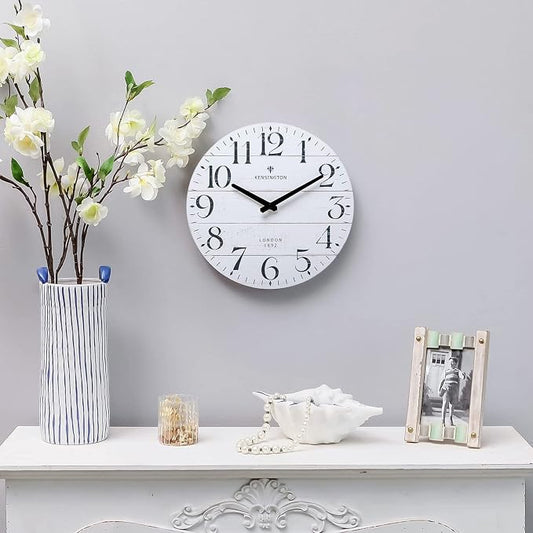 NIKKY HOME Farmhouse White Wall Clock - 12 Inch Quartz Battery Operated Vintage Wooden Decorative Silent Analog Clock for Kitchen, Living Room, Bedroom, Office