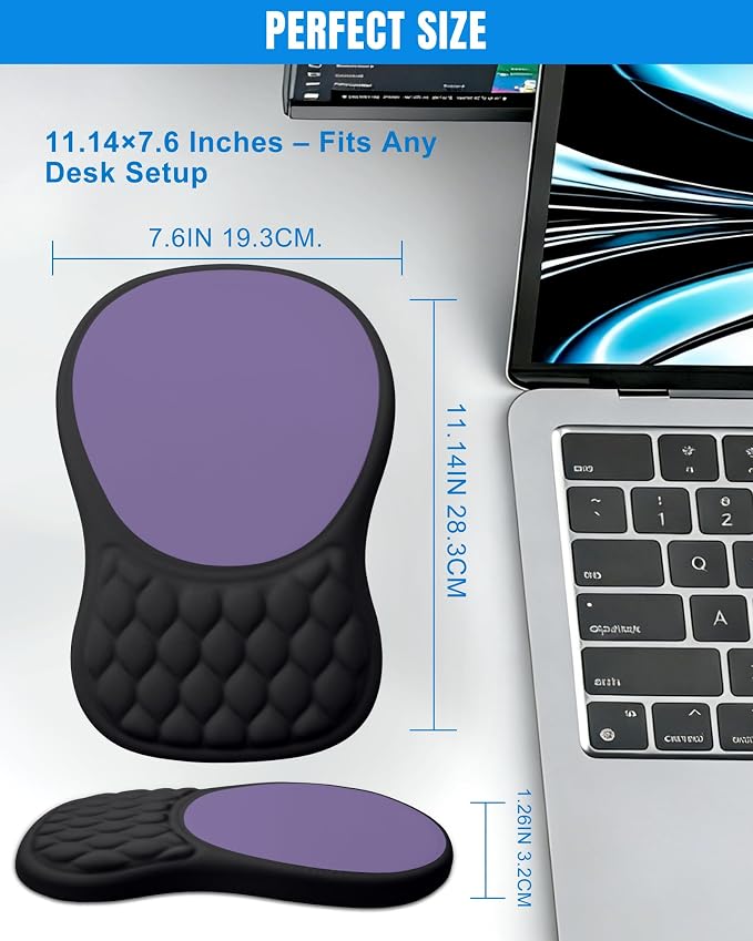 Ergonomic Mouse Pad with Wrist Rest, Slope Design Memory Foam Support, Smooth Lycra Surface, Non-Slip PU Base, Comfortable Mouse Mat for Office, Home, Computer Desk (Black&Purple)