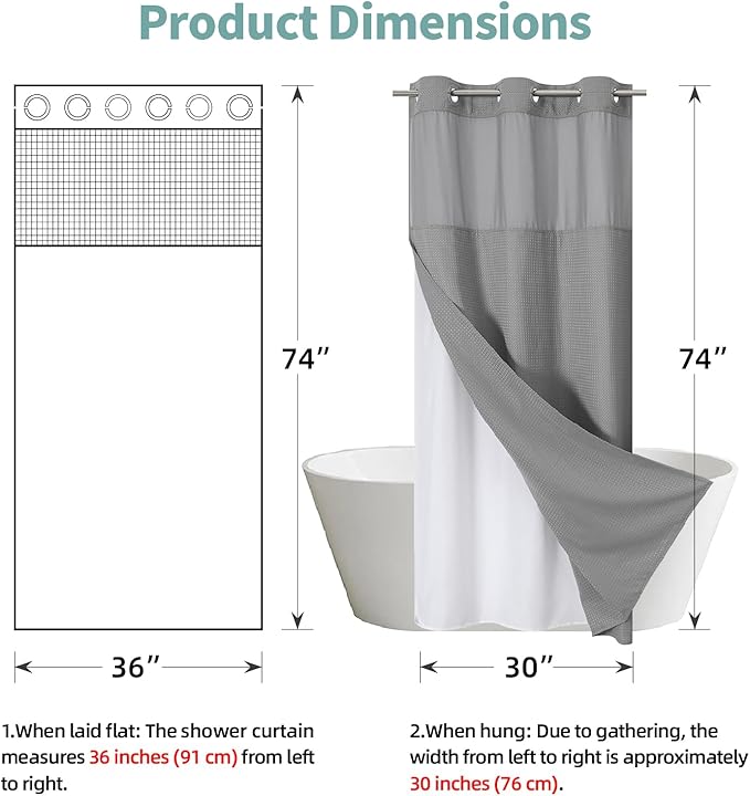 Grey No Hook Waffle Weave Shower Curtain with snap-in Liner Replacement, 230GSM Waterproof Fabric Hotel Shower Curtain Set for Bathroom, Through Mesh Top Window,36Wx74H