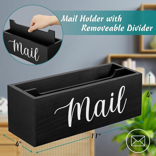 DRASTAR Mail Organizer, Mail Holder with 2 Slots, Mail Basket for Wall Table Countertop, Wood Desk Mail Organizer, Black Envelope Holder for Home Office Decor