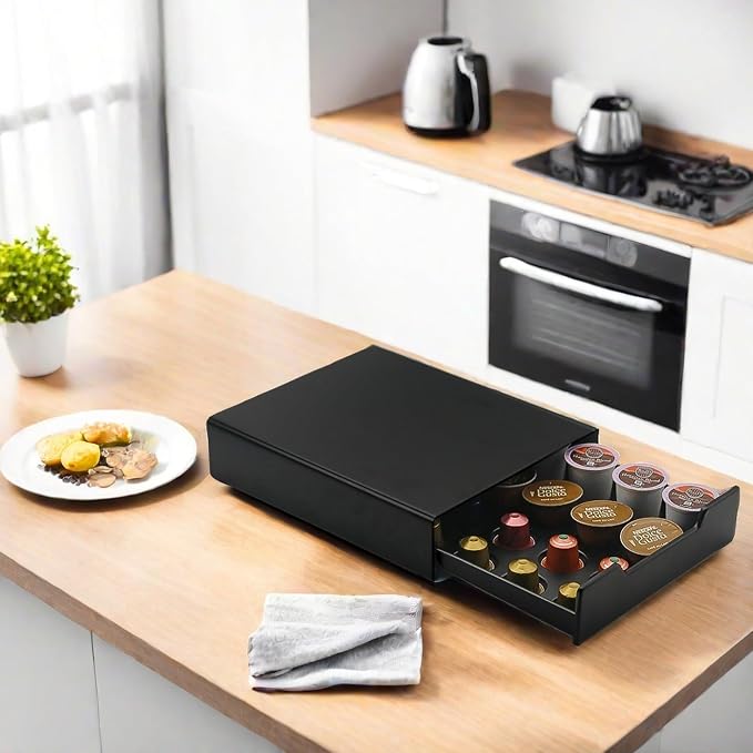 K Cup Coffee Pod Holder Drawer, 20 Capacity Organizer, Storage for Nespresso Originaline and Dolce Gusto, Black