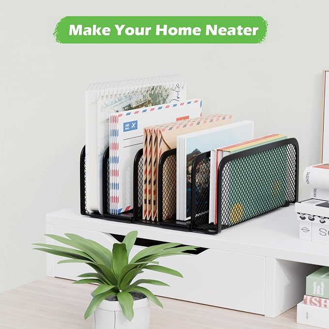 Mail Organizer Countertop 2 Pack, Metal File Holder with 5-Slot, Small Desk File Organizer for Letter, Bill, Mail Sorter, Desktop Letter Folder Holders for Office, Home, School (Black)
