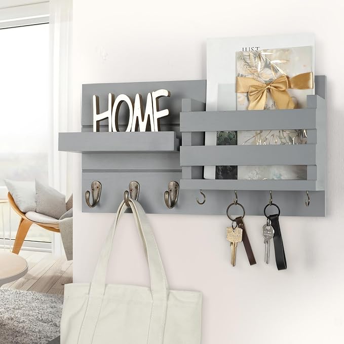 Lwenki Mail Organizer for Wall Mount – Key Holder with Shelf Includes Letter Holder and Hooks for Coats, Dog Leashes – Rustic Wood with Flush Mounting Hardware (16.5” x 8.7” x 3.5”) (Gray)