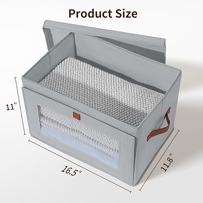 Homsorout Large Closet Storage Bins - Collapsible Storage Bins with Handles & Window, Fabric Cube Organizer with Lids, Decorative Boxes for Living Room, Closet, Dorm, 4 Pack, Grey