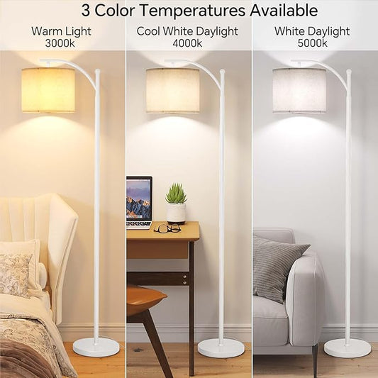 SUNMORY Arc Floor Lamp, Modern Floor Lamp with 9W 3 Color Temperatures Bulb, Metal Standing Lamps with Adjustable Hanging Lampshade, Tall Floor Lamps for Living Room, Bedroom, Office (White)