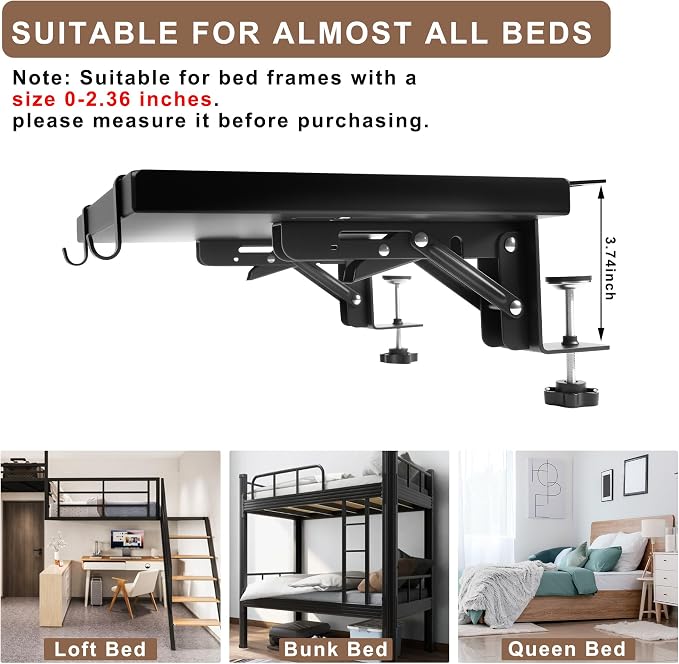 Foldable Bedside Shelf, Metal Clip On Bunk Bed Shelf for Top Bunk Heavy Duty Bed Side Table Tray for University Dorm Essentials, Loft Nightstand Organizer Tray with Removable Cup and Phone Holder