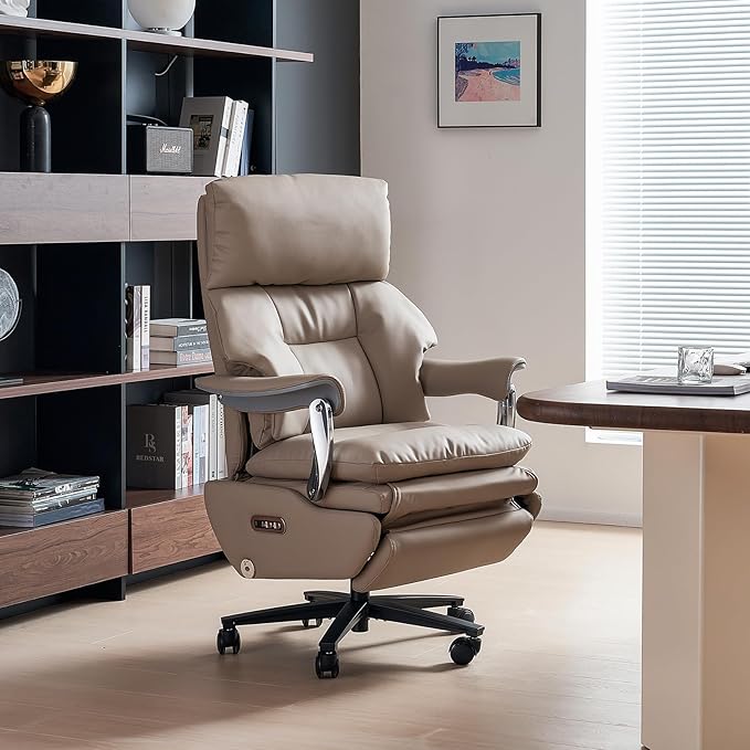 EMIAH Ergonomic Office Chair with Foot Rest Electric Executive Office Chair Reclining with Massage Big and Tall High Back Computer Chair with Wheels, Genuine Leather (Light Khaki)