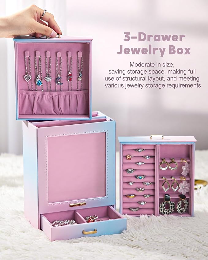 Homde Jewelry Organizer Girls Women Jewelry Box for Necklaces Rings Earrings Gift Bracelets Storage Case (Blue - Pink Gradient + Gold)