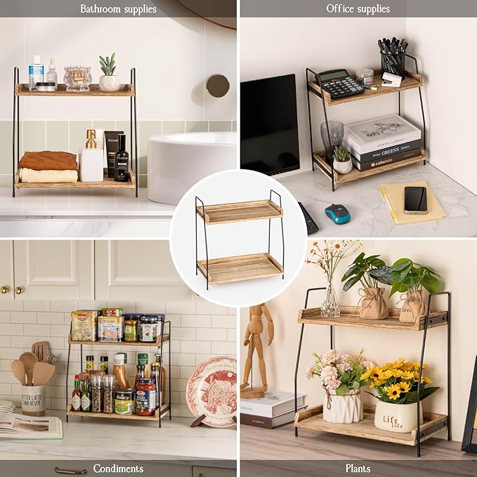 ANBOXIT Countertop Coffee Station Organizer, 2 Tier Wooden Shelf for Coffee Bar Accessories, Condiment Storage Caddy for Kitchen, Home, Office - Brown