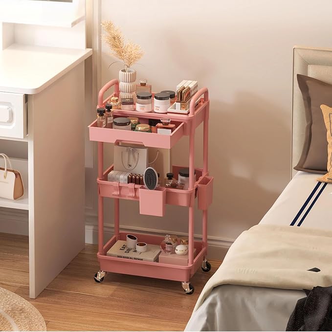 3 Tier Rolling Utility Cart with Drawer, Plastic Storage Organizer Rolling Carts with Wheels Handles Hanging Cups Hooks for Office, Bathroom, Kitchen,Craft Art Room (Pink)