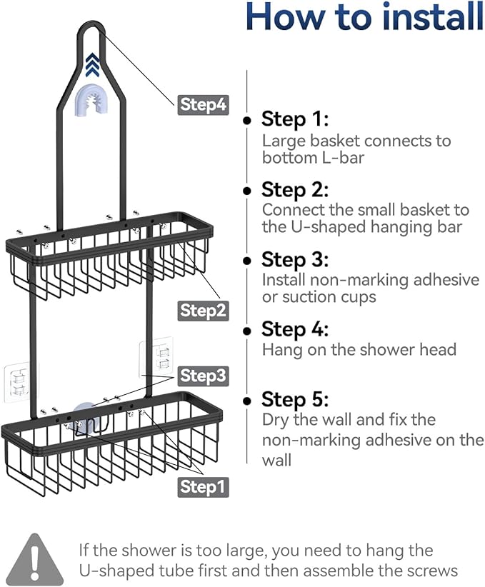 YASONIC Never Rust Shower Caddy Hanging, Aluminum Shower Racks for Inside Shower, 2-Tier Shower Organizer Hanging Over Shower Head with Hooks and Soap Holder, Black