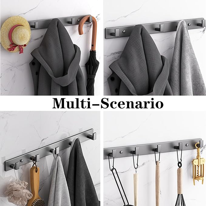 Coat Rack, Heavy Duty Stainless Steel 4 Tri Coat Hook Hanger, Wall Mounted Storage Wall Hooks, Rustic Clothes Hook/Key Hook Rail for Bathroom Kitchen Entryway(4 Hook Grey)