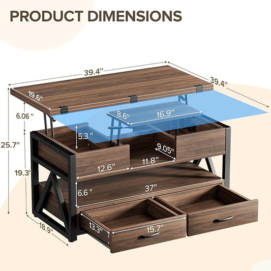 Memobarco 40" Lift Top Coffee Table,4 in 1 Multi-Function Lift Coffee Tables with Storage Drawers and Hidden Compartmen,Farmhouse Coffee Table with Lifting top for Living Room, Walnut