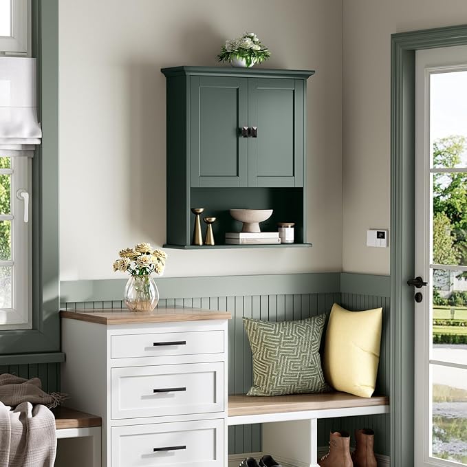 Bathroom Wall Cabinet, Wooden Medicine Cabinet Above Toilet Storage Cabinet with Doors and Adjustable Shelf Wall Mounted Storage Organizer Cabinet Over Toilet Cabinet (Forest Green)