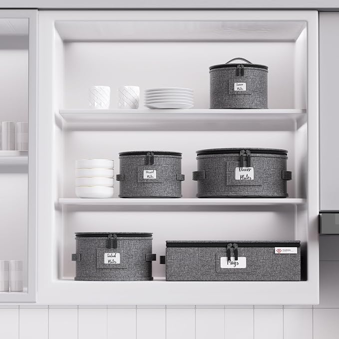 YearningHome China Storage Containers,4 Piece Set,Hard Shell Moving Boxes for Dishes,Plate,Dinnerware,Saucers Quilted Organizer Dividers for Packing Fine China Storage Containers,Grey