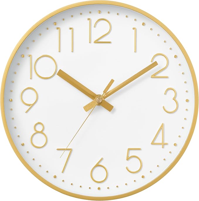 DAXSMY Wall Clock - 12 Inch Silent Non-Ticking Modern 3D Wall Clocks Battery Operated - Decorative Clock for Kitchen, Home Office, Bathroom, Bedroom, Living Room(Gold)