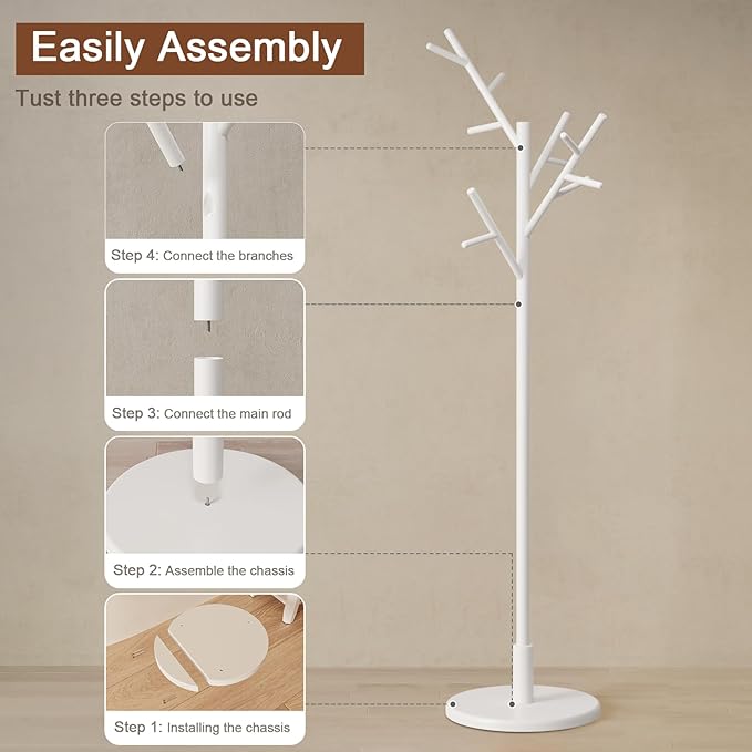 Coat Rack, Solid Wood Coat Rack Freestanding with 12 Hooks, Coat tree freestanding 3 Adjustable Heights for coat, Hats, Handbags,Coat Stand for Entryway,Bedroom (White)