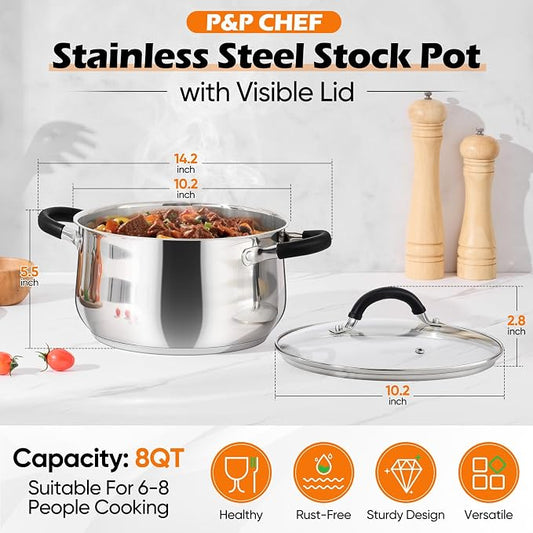 P&P CHEF Stainless Steel Stock Pot, 8 Qt Cooking Soup Pot with Visible Lid for Pasta, Tri-Ply Bottom & Dual Heatproof Handles, For Induction Gas All Stoves, Non-Toxic & Dishwasher Safe