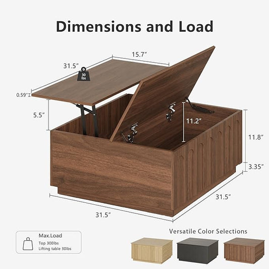 FORTUNETEC Lift Top Coffee Table with Storage, Modern Coffee Table with Arched Design, 31.5" Square Tea Table with Wood Grain, Minimalist Multifunctional Center Table for Living Room, Office, Walnut