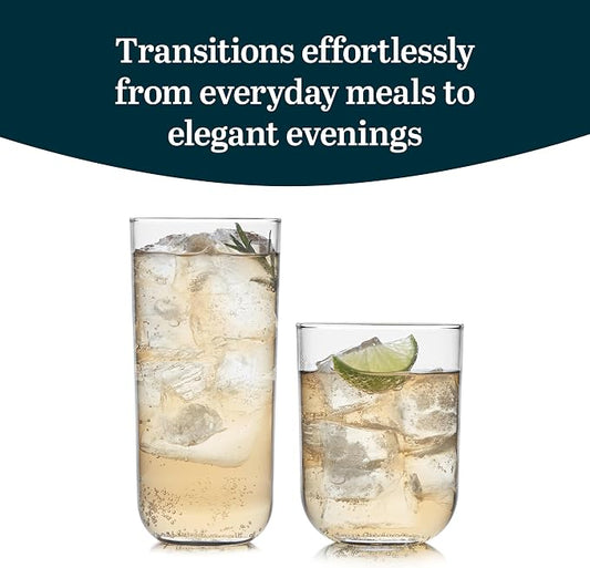 Libbey Polaris Tumbler and Rocks, Axis Glass Cups Set of 16, Elegant Mixed Drinking Glasses with Modern Clean Lines, Dishwasher Safe Glassware Set