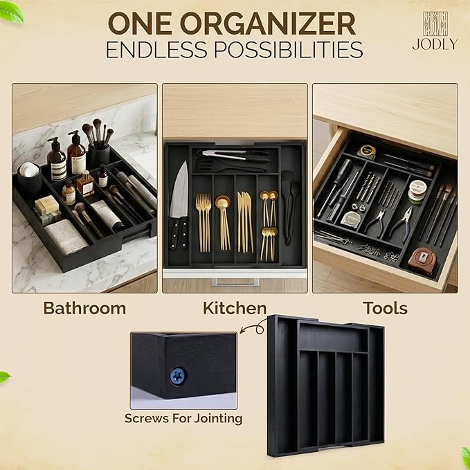 Bamboo Kitchen Utensil Drawer Organizer for Silverware | 100% Natural Expandable 14-20 Inch Kitchen Drawer Organizers for Utensils | Non-Slip Base | Screwed Joints for Long-Lasting Durability
