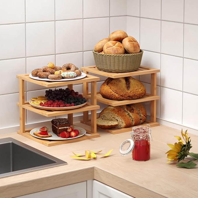 4 Pack Bamboo Corner Shelf,3 Tier Kitchen Cabinet Organizer for Plates and Dishes,Pantry Storage and Spice Rack(Natural)