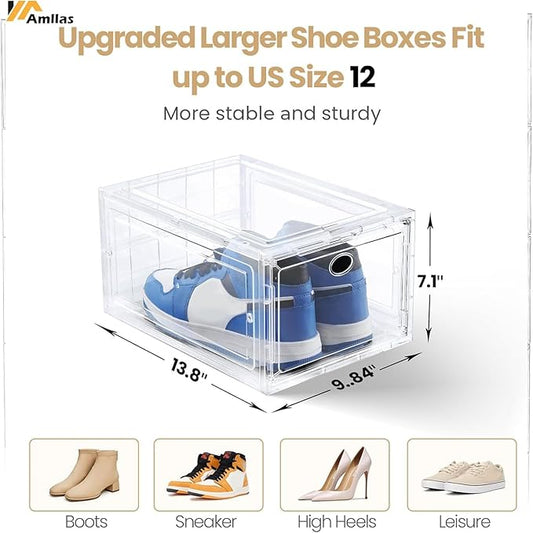 12 Pack Clear Shoe Storage, Stackable Shoe Organizer, Shoe Boxes for Closet | Plastic Shoe Containers with Magnetic Door, Sturdy Sneaker Storage Organizer, Shoe Cabinet Fit up to US Size 12