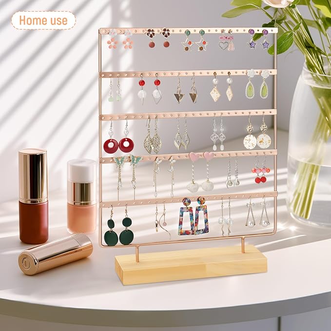 Earring Holder Organizer, 5-Tier Earring Organizer with 60-Pair Capacity, Wooden Base Metal Earring Display, Jewelry Storage & Display for Home Store, Suitable for Women