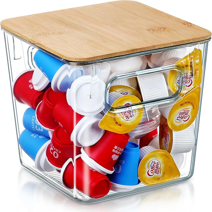 Qilinba 3 PACK Coffee Pod Holder K Cup Organizer Large Capacity Clear Storage Container Bins with Bamboo Lids for Coffee Bar Organization and Storage