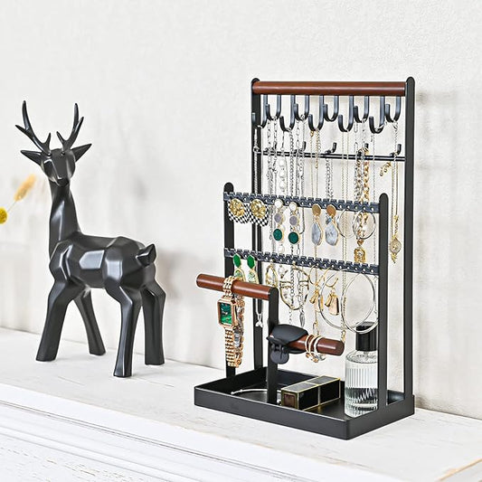 ProCase Jewelry Organizer Stand Necklace Organizer Earring Holder, 6 Tier Jewelry Stand Necklace Holder with 15 Hooks, Jewelry Tower Display Rack Storage Tree for Bracelets Earrings Rings -Black