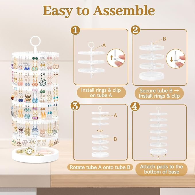 MODOWEY 6 Tier Rotating Earring Holder Organizer Display Tree with Wooden Tray, Adjustable Plastic Stand with 342 Slots for Stud Hoop Hanger, Large Capacity Storage Rack for Women Space Saving, White