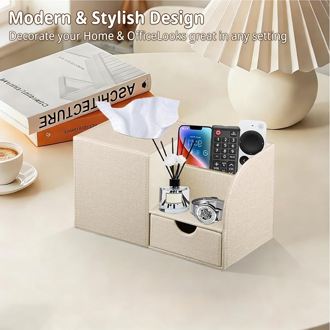 Nightstand Organizer with Tissue Holder,PU Leather Square Tissue Box Cover,Modern Facial Paper Organizer Storage Box for Remote Control,Bathroom,Vanity Countertop,End Table Home Office.Beige