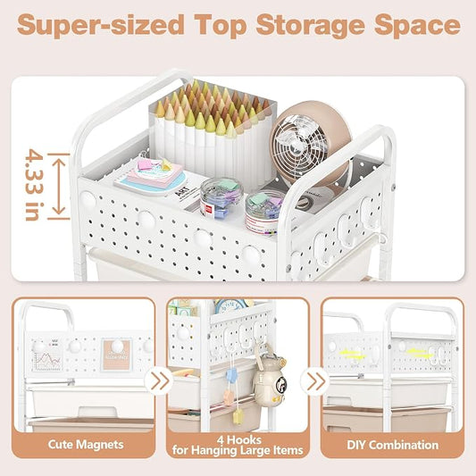 5 Drawer Rolling Storage Cart with Pegboard Top and Hooks, Mobile Organizer Cart with Wheels for Office Supplies, Craft Storage, Classroom Organization, Home Utility Cart, Brown