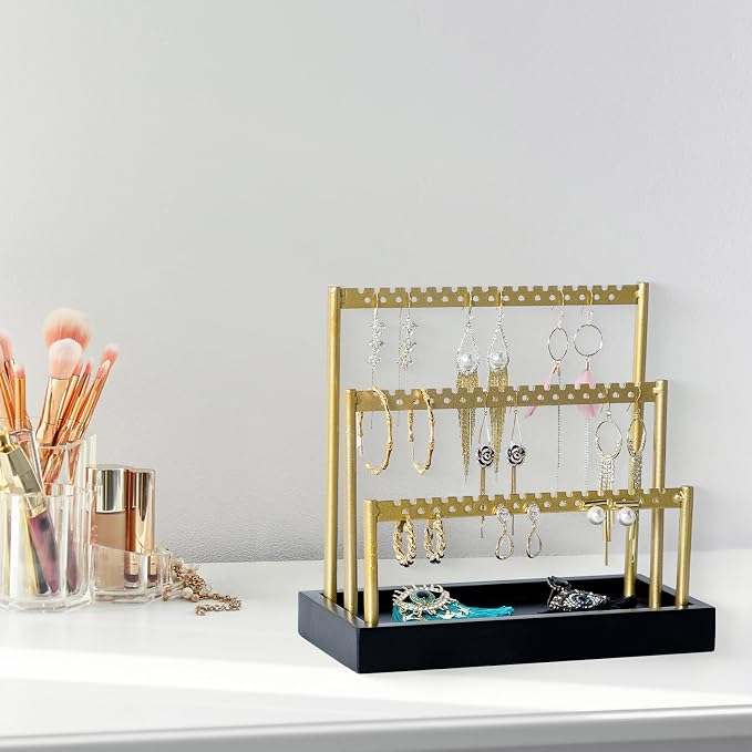 SANY DAYO HOME 3-Tier Earring Holder Organizer Stand, 105 Holes Gold Metal Earring Rack Jewelry Display Tree with Black Wood Tray for Women and Girls