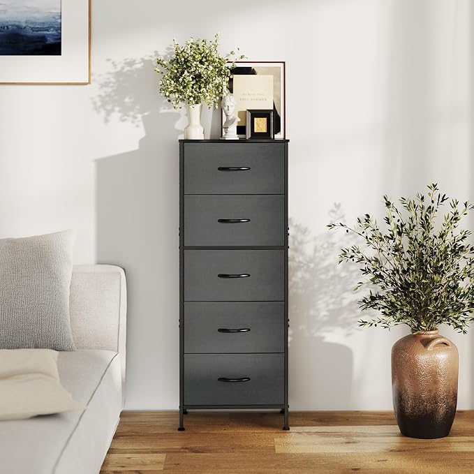 Sweetcrispy 5 Drawer Dresser with Fabric Bins Steel Frame Wood top Storage Chest for Bedroom Closet Hallway Gray Compact Organizer Durable Home Storage Solution