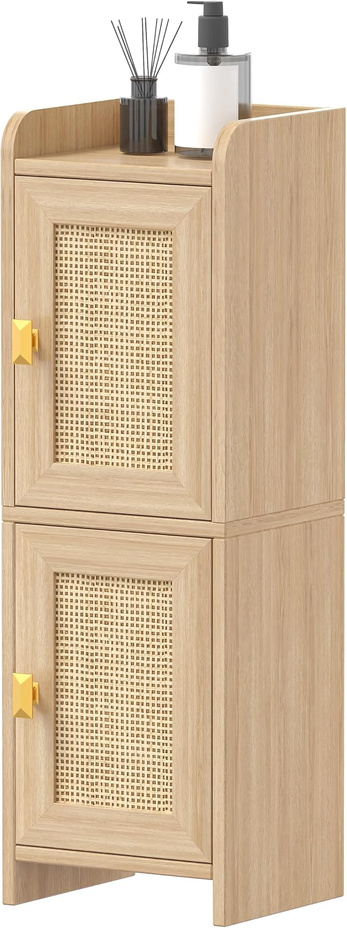 Akxomel Rattan Small Bathroom Cabinet with 2 Doors, 7.9''D x 9.8''W Narrow Toilet Paper Storage Cabinet, Bathroom Organizer for Small Spaces, Wooden Slim Corner Unit with Adjustable Shelf, Natural Oak