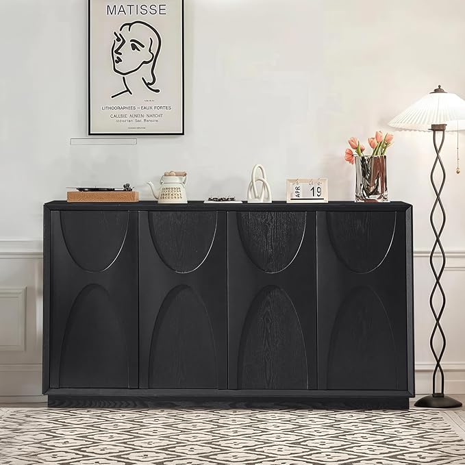 Sideboard Buffet Cabinet, Accent Storage Cabinet with 4 Doors and Adjustable Shelf, Farmhouse Mid Century Modern Buffet Sideboard for Living Room, Kitchen, Entry (Black)