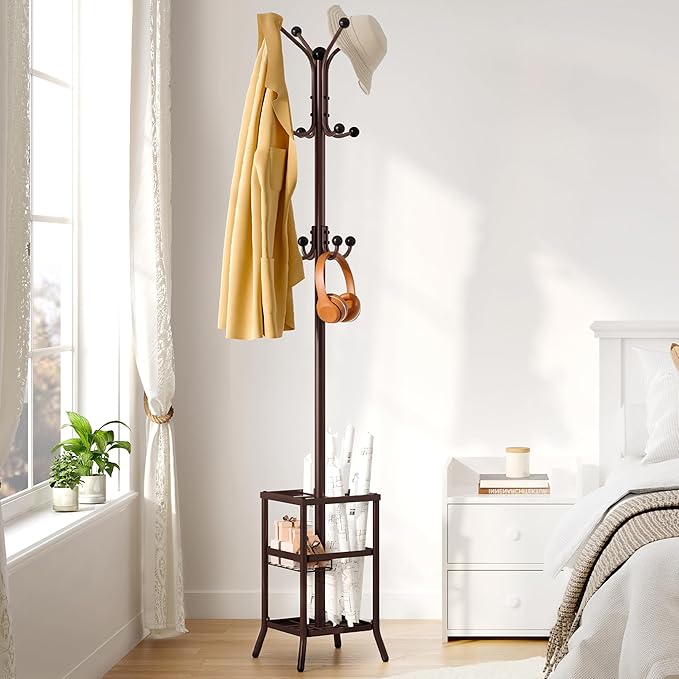 FAVOOSTY Coat Rack Freestanding,Coat Rack Stand with Umbrella Holder,Metal Coat Tree with 12 Hooks,Tree Clothes Hat for Entryway, Hallway, Bedroom, Living Room & Office -Brown