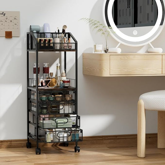 HapiRm Makeup Organizer Storage Cart - Floor Skincare Make Up Storage with 4 Drawers, Rolling Makeup Cart Vanity Organizer Cosmetics Display Cases Holder for Skin Care Perfume Nail Polish