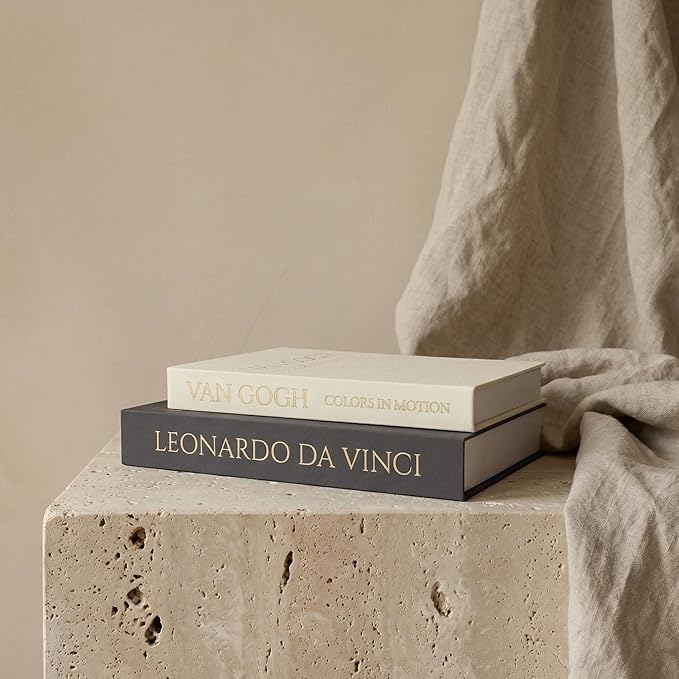 Decorative Storage Books Set of 2, Linen Cover, Gold Letters, Beige and Dark gray