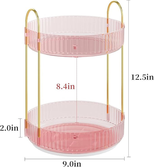 Rotating Makeup Organizer Countertop,Skincare Organizers,Spinning Perfume Tray Stand,Makeup Storage Organizer for Vanity,Bathroom Organizer and Storage,Lazy Susan,2 Tier,Pink
