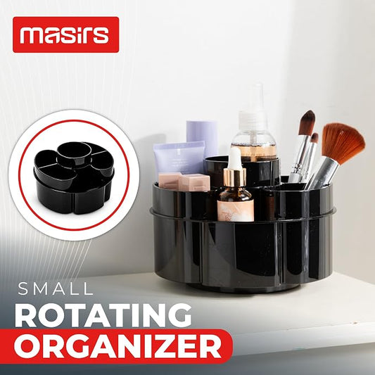 Masirs Small 360 Rotating Makeup Organizer - Mini Yet Spacious Cosmetic Storage Solution with Multiple Compartments - The Perfect Spinning Make-Up Caddy for Vanity or Bathroom Counter (Round - Black)