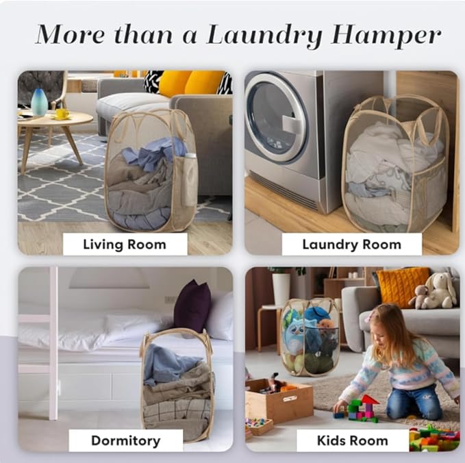 Handy Laundry Collapsible Mesh Pop Up Laundry Hamper with Side Pocket, Breathable & Space-Saving Foldable Basket for Clothes, Toys, Travel, Storage, 14 x 13 x 24 in, Beige