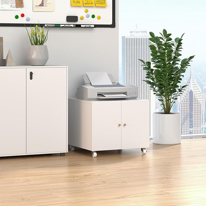 TEEALUBAN Printer Stand with Storage Cabinet with Wheels,3D Heavy Duty Metal Large Printer Table with Adjustable Shelf for Home Office, Mobile Printer Cart,White,17.72" H
