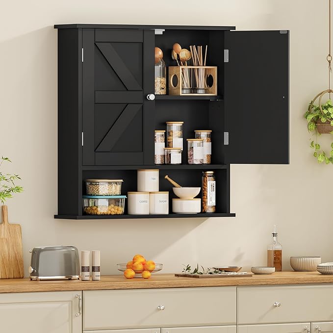 TEENFON Bathroom Wall Cabinet, Bathroom Cabinet with Barn Doors & Adjustable Shelf, Over The Toilet Storage Cabinet, Medicine Cabinet, Black UNGGX001HV1