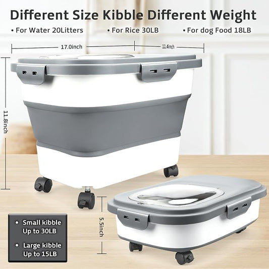 Komzon Rice Storage Containers, Collapsible 20 to 30Lbs Food Storage Bin Dispenser with Rolling Wheel and Clear Airtight Lid, BPA Free Flour, Sugar, Cereal and Dog Cat Pet food Containers
