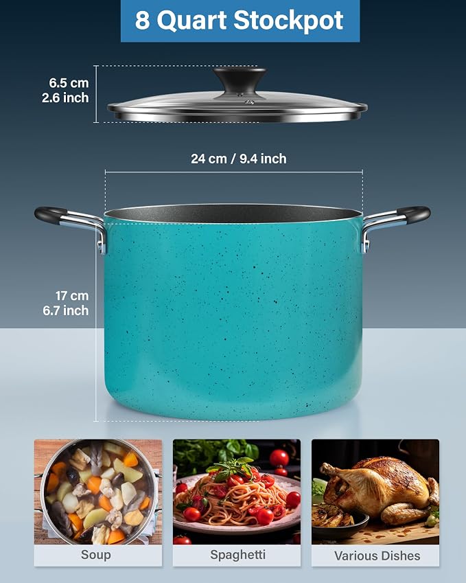 Cook N Home Professional 8 Quart Non Stick Stock Pot with Lid, Riveted Handles, Big Soup Pot for Holiday Feasts, Stockpot with Even Heating, Induction Cookware, Oven & Dishwasher Safe, Turquoise