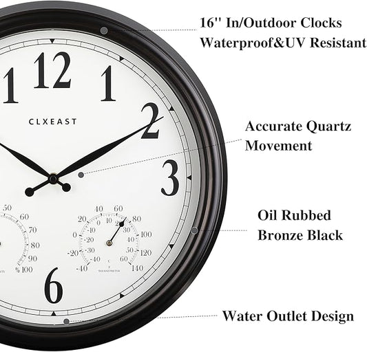 CLXEAST Indoor Outdoor Clocks Waterproof 16 Inch, Large Outdoor Clock with Temperature and Humidity for Patio,Porch,Pool,Oil Rubbed Bronze Black Finish,House Warming Gifts New Home